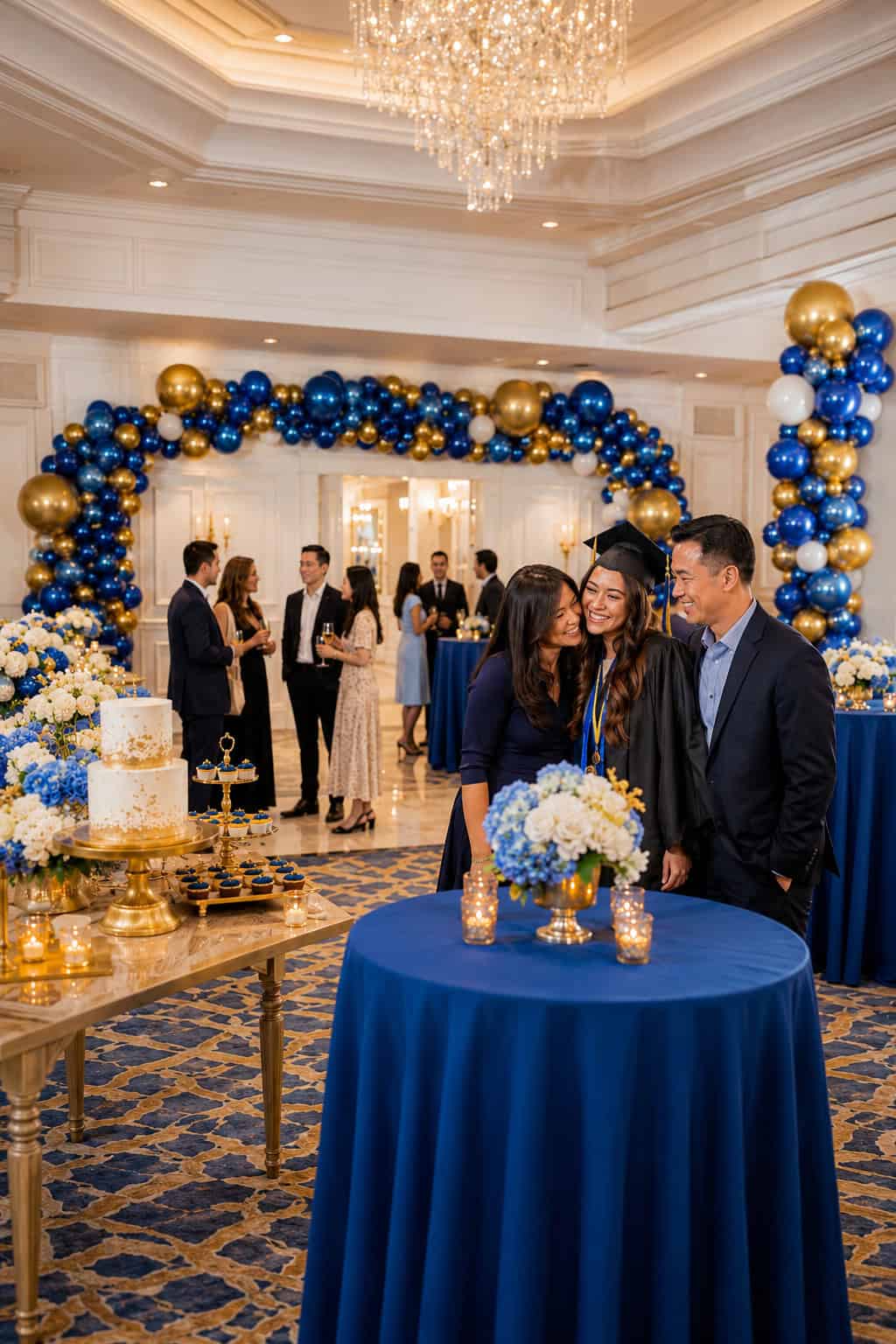 A graduate in cap and gown stands with two adults, smiling, at a decorated indoor celebration with blue and gold balloons, cakes, and flowers. Other guests converse in the background.