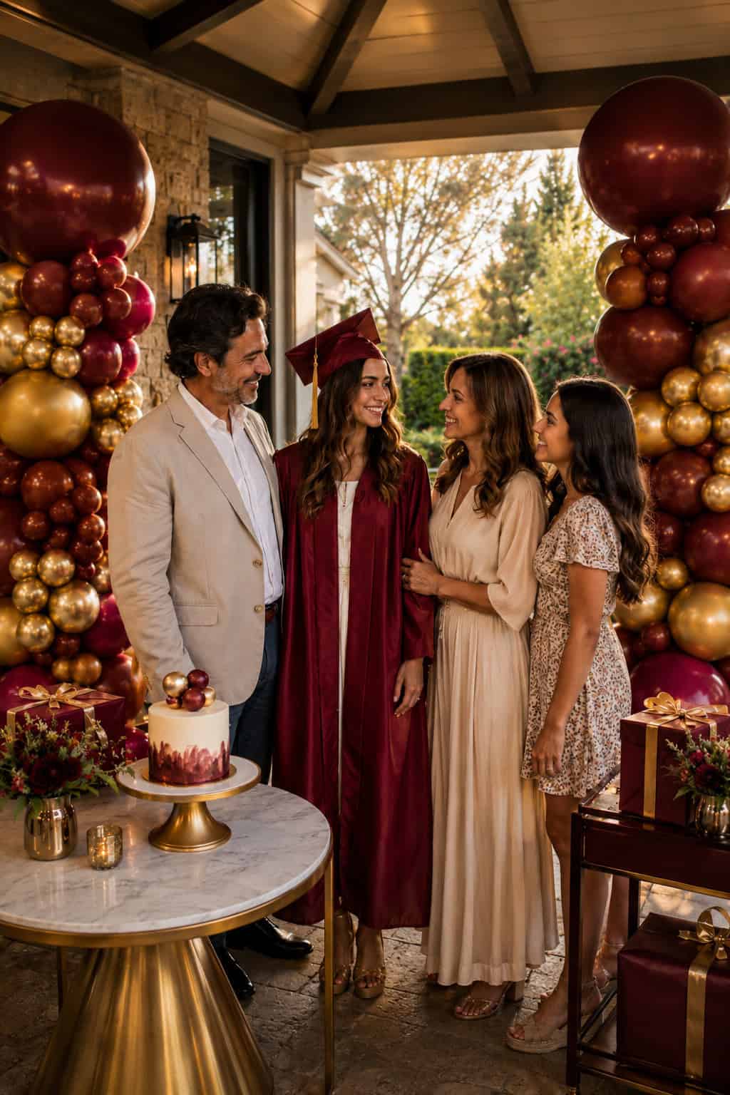 A young woman in a maroon graduation gown and cap stands smiling with her family amid festive maroon and gold balloons, a decorated cake, and wrapped gifts.