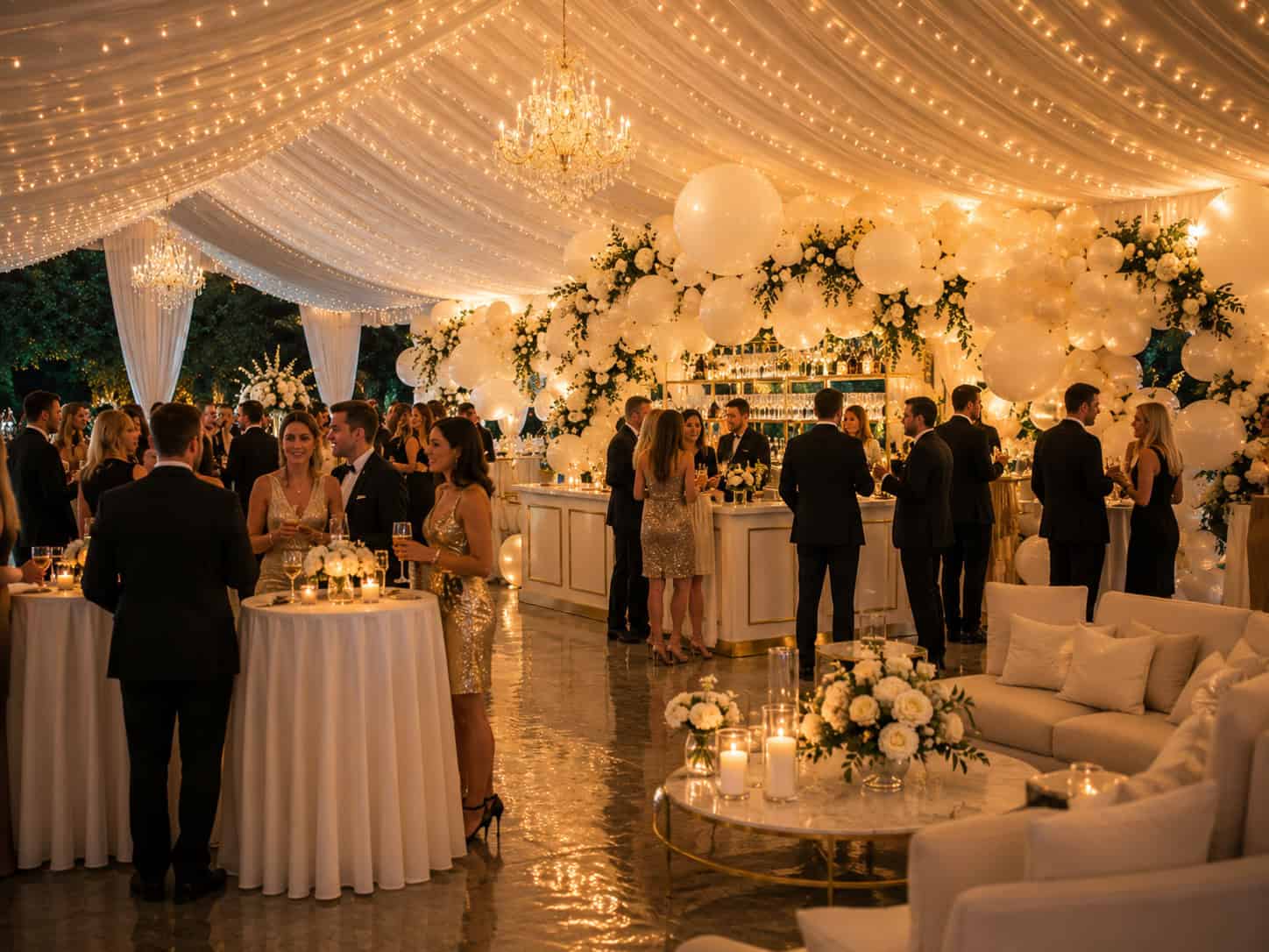 Guests in formal attire mingle at a lavishly decorated indoor event with white flowers, balloons, chandeliers, string lights, and elegant tables.
