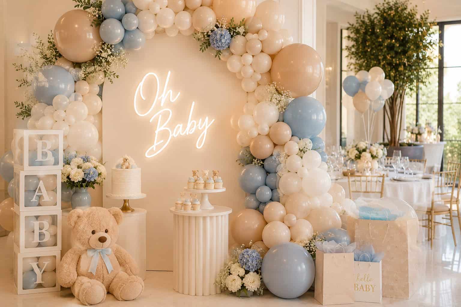 Elegant baby shower setup with blue, white, and beige balloons, a teddy bear, floral arrangements, cake, gift bag, and an "Oh Baby" sign—perfect for celebrating baby showers in a bright and stylish room.