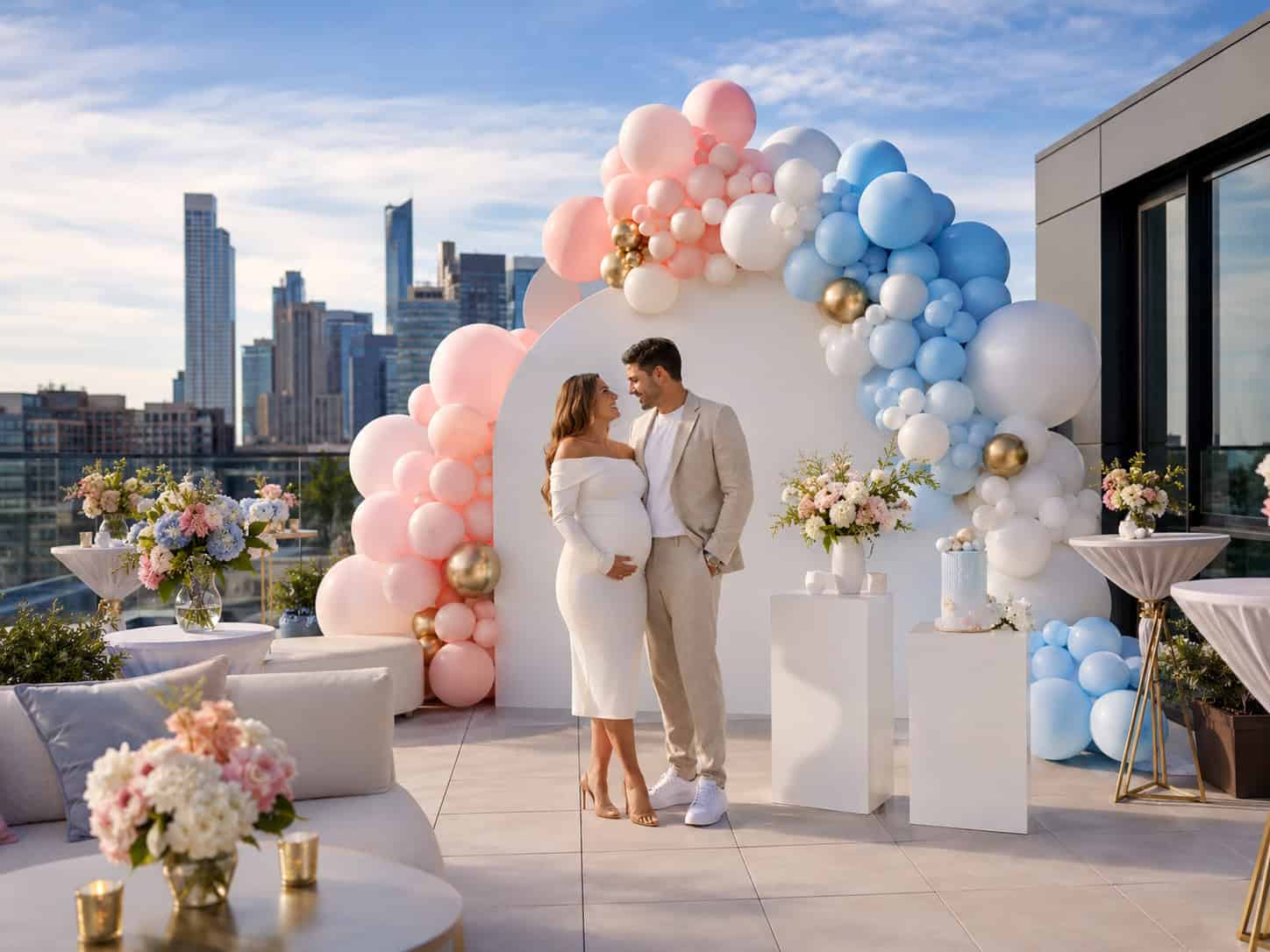 A couple stands on a rooftop decorated with pink, blue, and gold balloons for their gender reveal, surrounded by flowers, with a city skyline in the background.