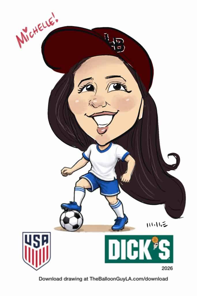 Caricature of a smiling woman in a soccer uniform and red cap, standing with one foot on a soccer ball. USA and Dick's Sporting Goods logos appear below, celebrating sporting goods pride on June 10, 2026.