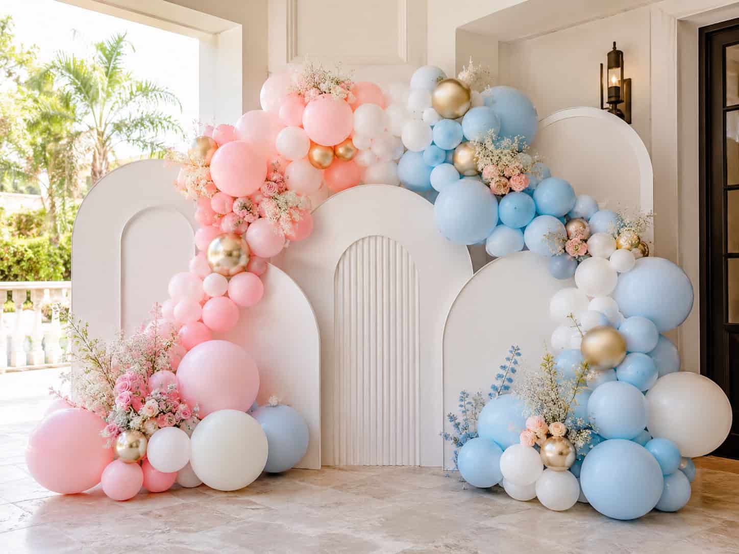 Balloon arch display with blue, pink, white, and gold balloons, perfect for a gender reveal, decorated with flowers and set in front of white curved backdrops in a bright indoor space.