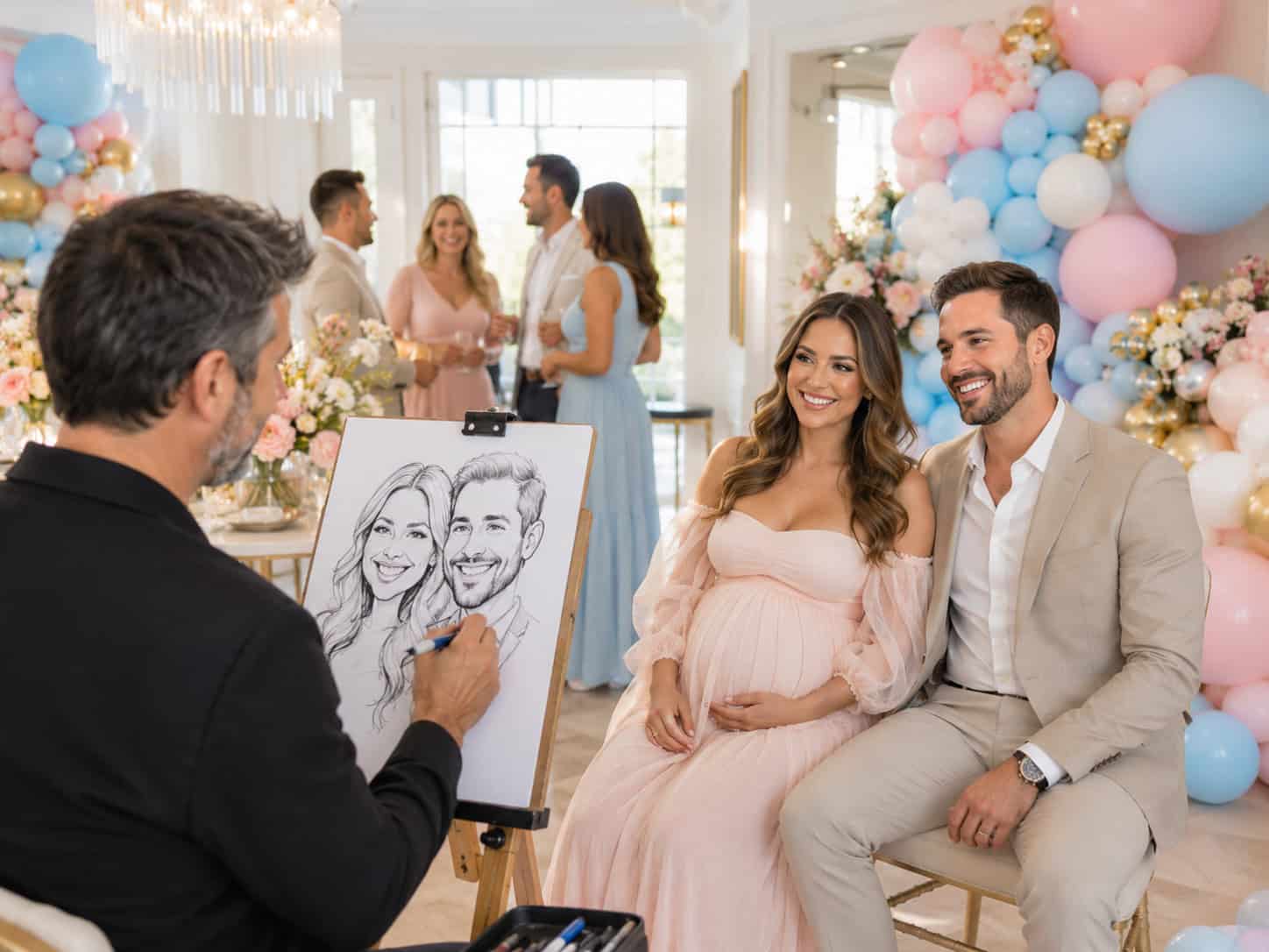 An artist sketches a portrait of a smiling pregnant woman and a man sitting together at a gender reveal baby shower, with guests mingling and pastel balloon decorations in the background.