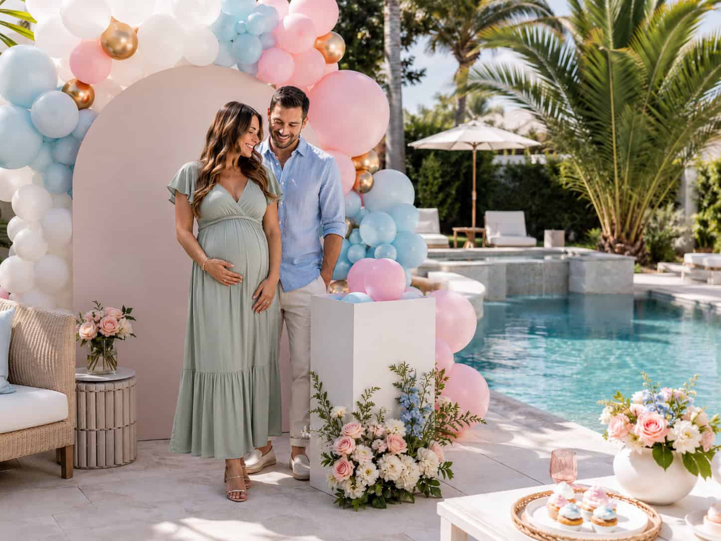 A couple stands by a pool at their gender reveal baby shower, surrounded by pastel balloons and floral decorations, with desserts displayed on a nearby table.
