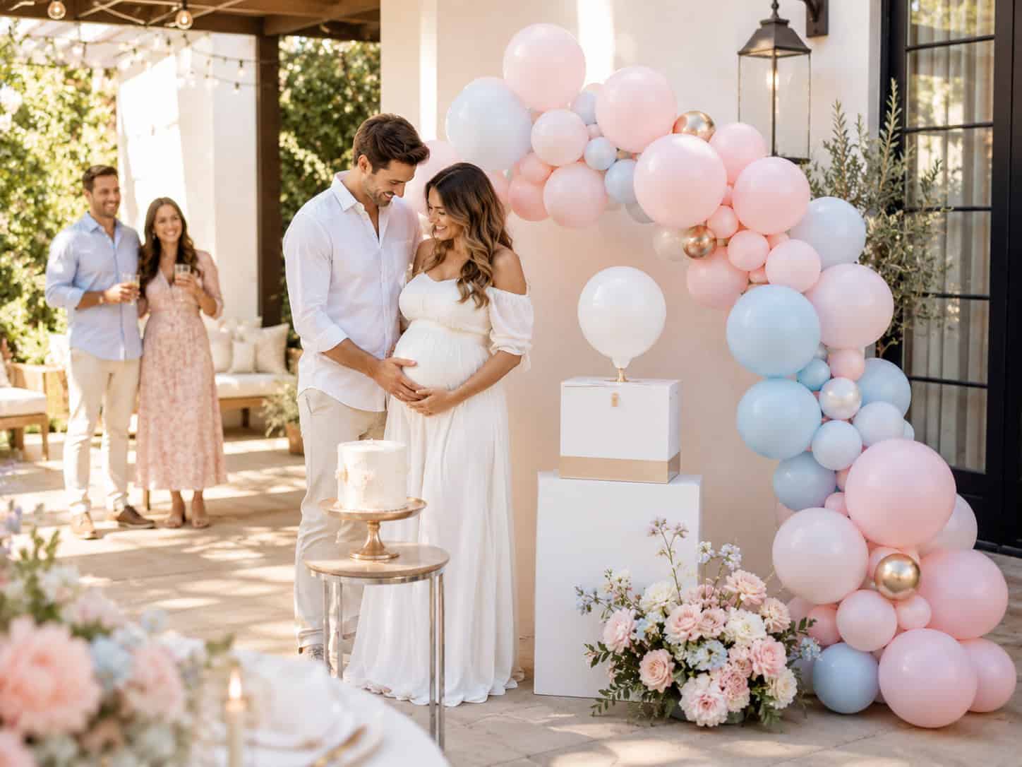 A couple stands next to a cake and pastel balloon arch at their outdoor Gender Reveal baby shower, with two guests smiling in the background.