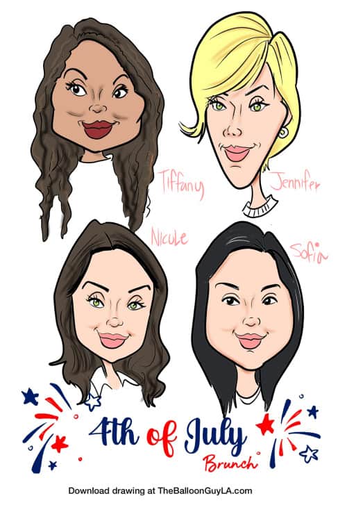 Caricature illustration of four women labeled Tiffany, Jennifer, Nicole, and Sofia, above the text "4th of July Brunch" with festive red and blue decorations.