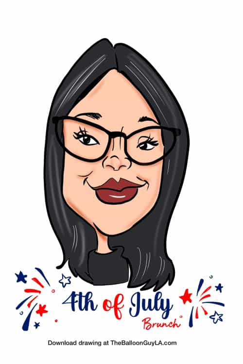Cartoon caricature of a woman with long black hair and glasses, smiling. Text below reads “4th of July Brunch” with red and blue festive decorations.