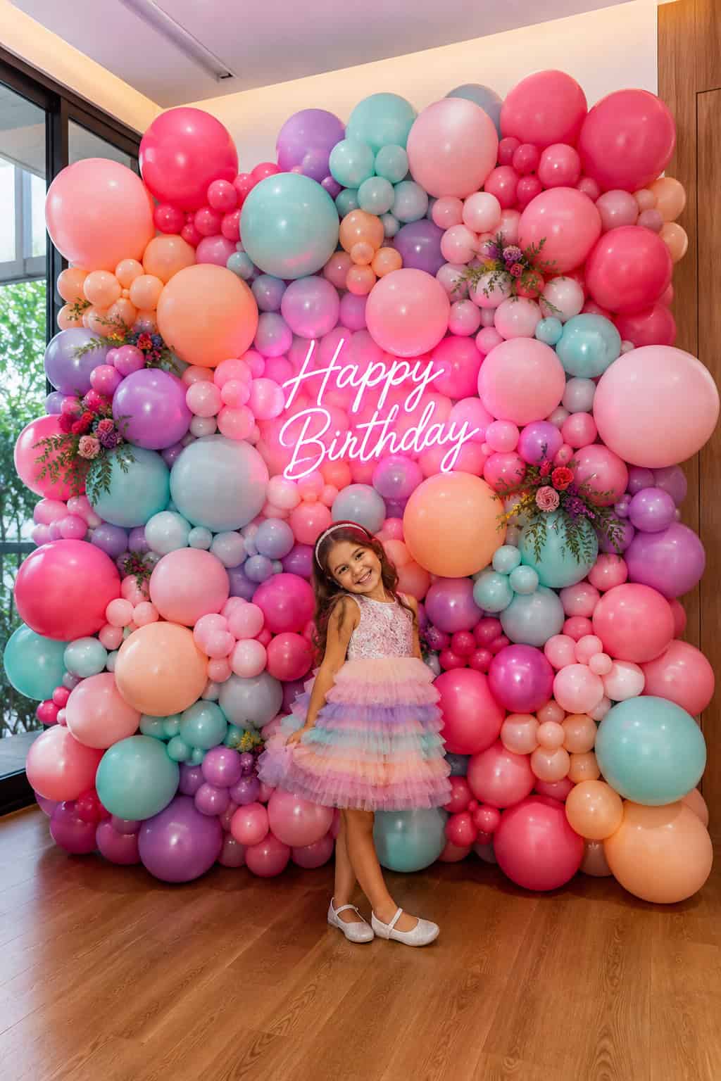 A young girl in a rainbow dress stands smiling in front of an eye-catching balloon wall adorned with a glowing “Happy Birthday” neon sign.