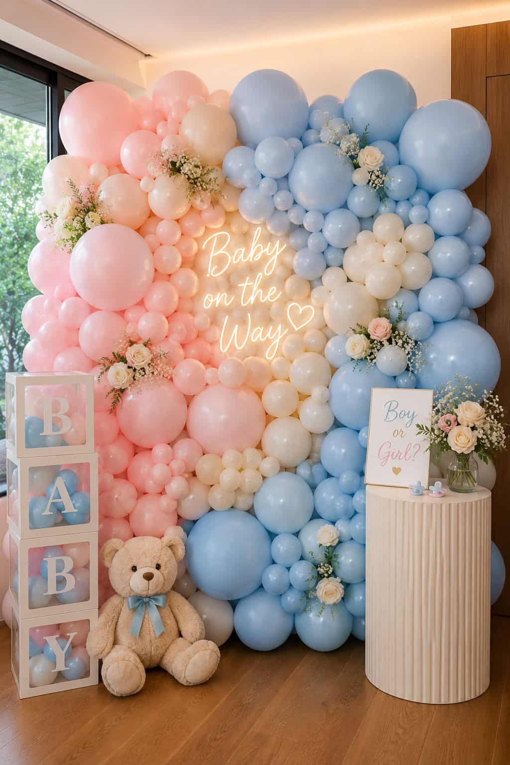 Balloon wall display in pink, blue, and white with “Baby on the Way” sign, teddy bear, floral decor, and “Boy or Girl?” sign at a baby shower.