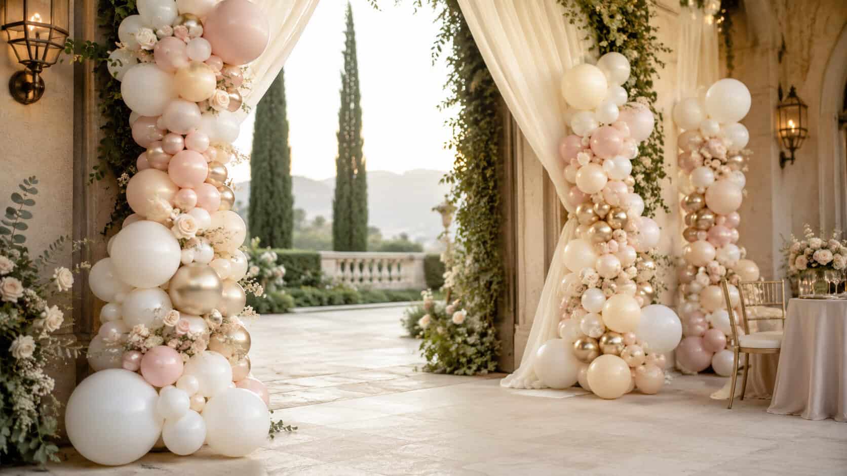 Columns of pastel and white balloons, including custom balloon columns, frame an outdoor terrace decorated with flowers, draped curtains, and elegant tables, with distant cypress trees visible in the background.