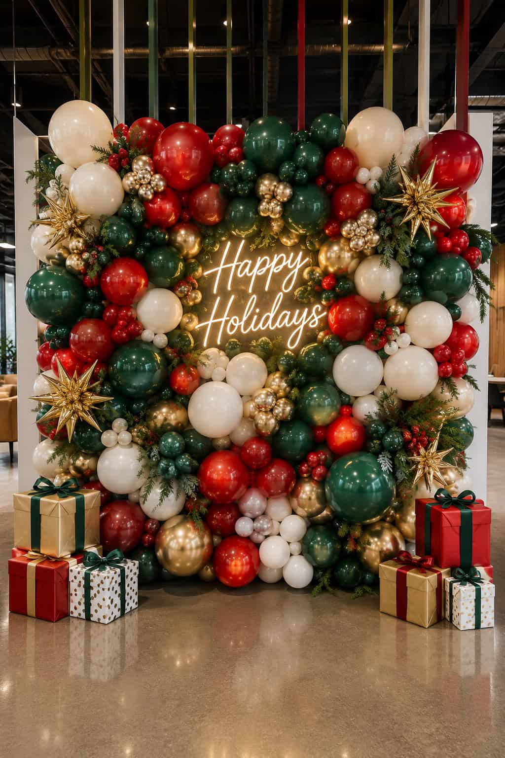 Square arch of red, green, white, and gold balloons with a festive “Happy Holidays” sign in the center; several wrapped gifts are placed at the base, creating a cheerful balloon wall backdrop perfect for celebration photos.