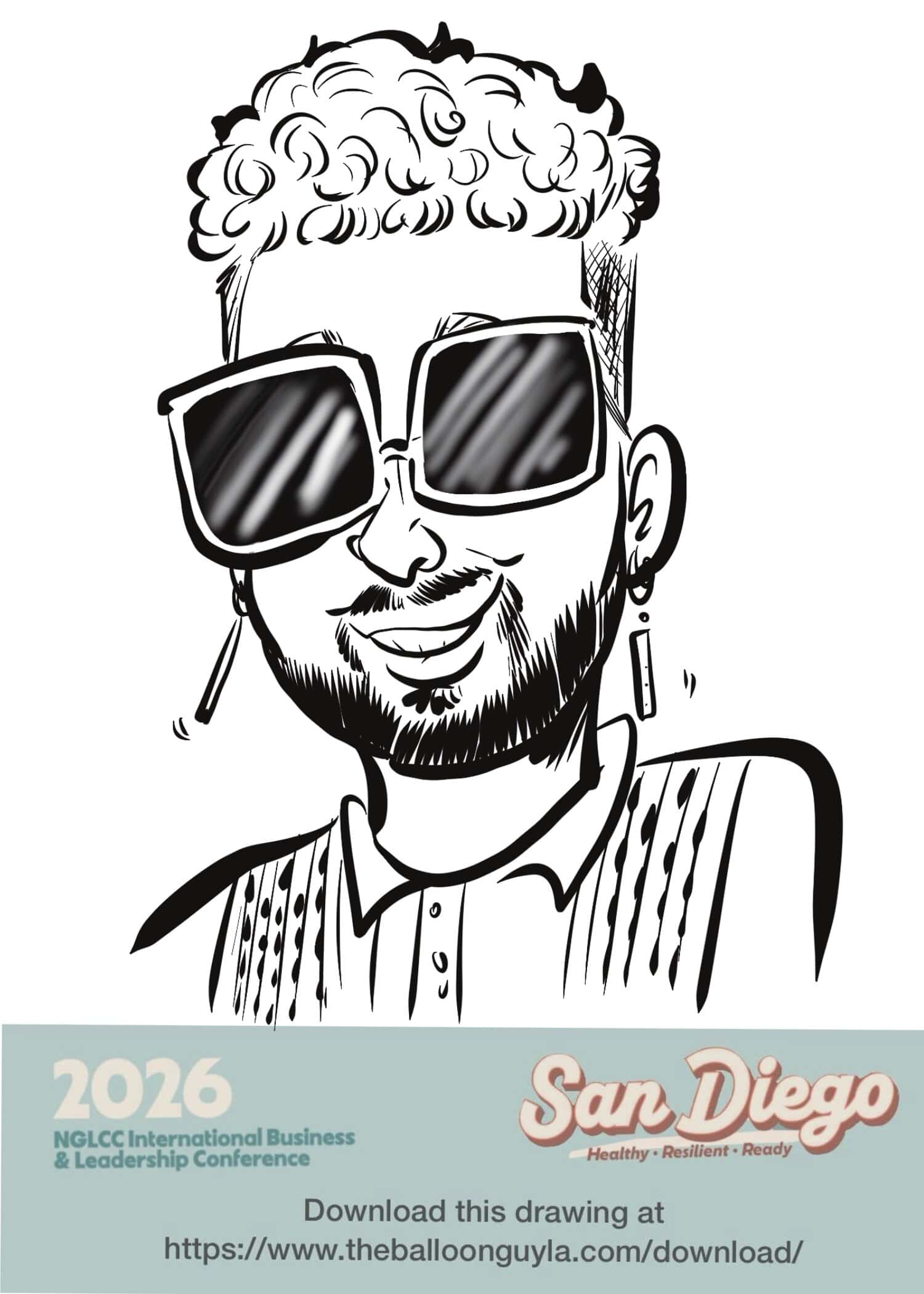 Black-and-white cartoon of a person with curly hair, large sunglasses, earrings, and a patterned shirt. Text promotes a 2026 San Diego business conference and a website for downloading the image.