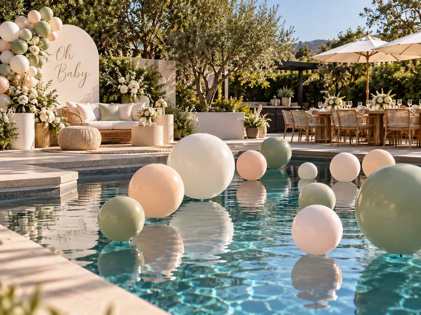 A pool decorated with large pastel pool balloons, outdoor seating, floral arrangements, and an “Oh Baby” sign set up for a baby shower event.