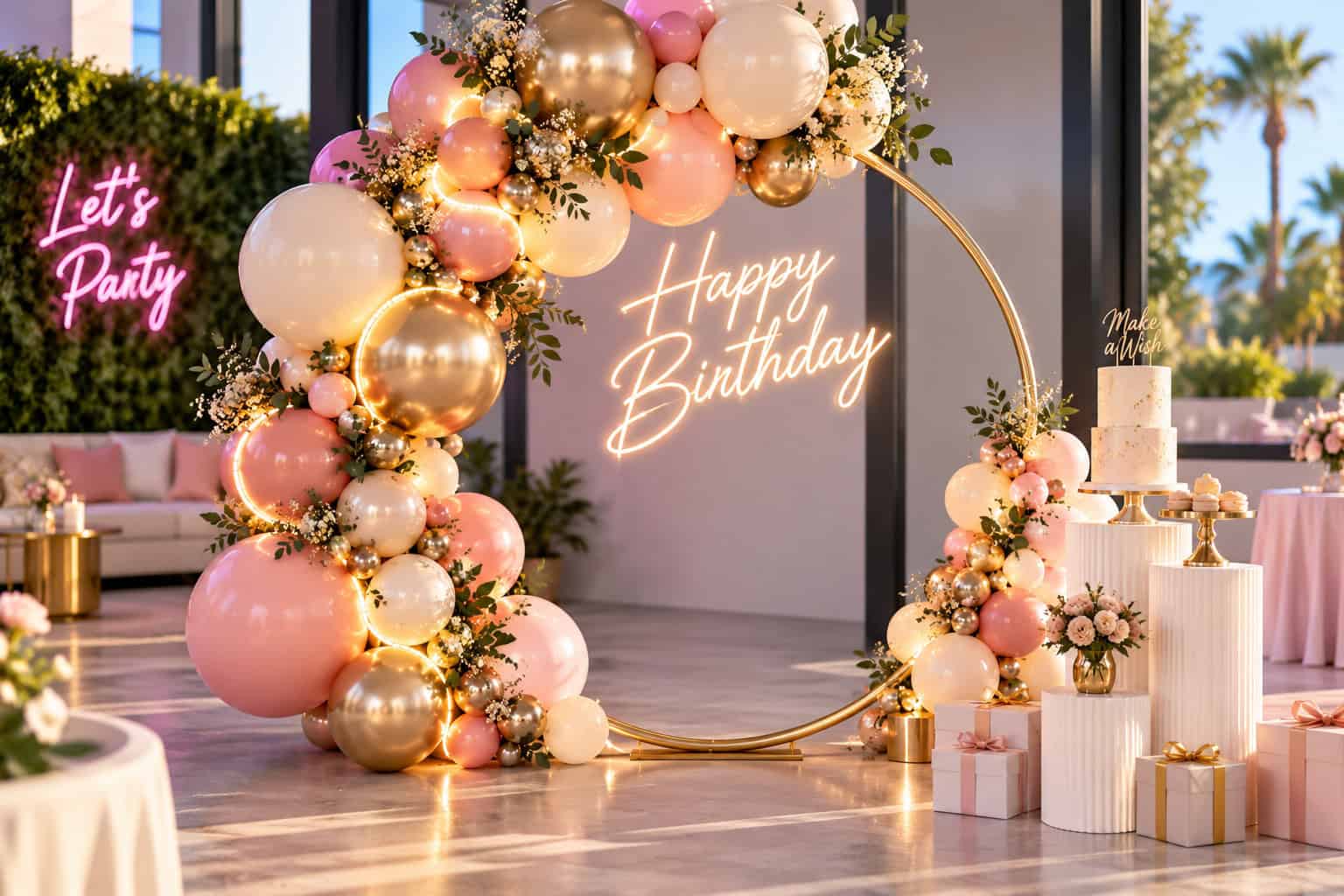 Pink, gold, and white balloon arch displayed on elegant balloon circle stands with a “Happy Birthday” sign, surrounded by flowers, cakes, and wrapped presents in a decorated party setting. Neon signs read “Let’s Party” and “Make a Wish.”.