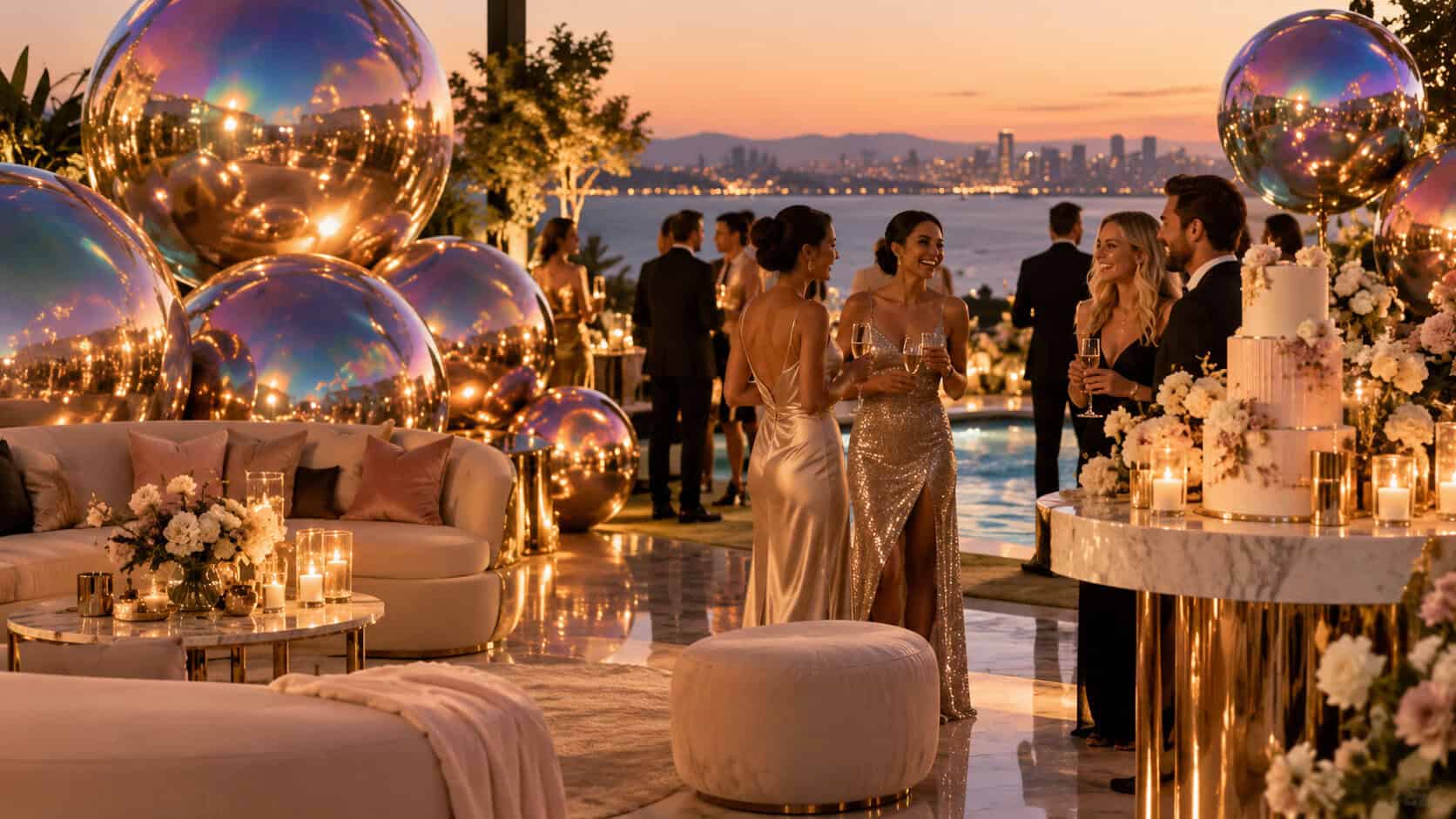 Elegant outdoor party at sunset with guests in formal attire, large reflective balloons from Big Shiny Balls Los Angeles, floral arrangements, and city skyline in the background.