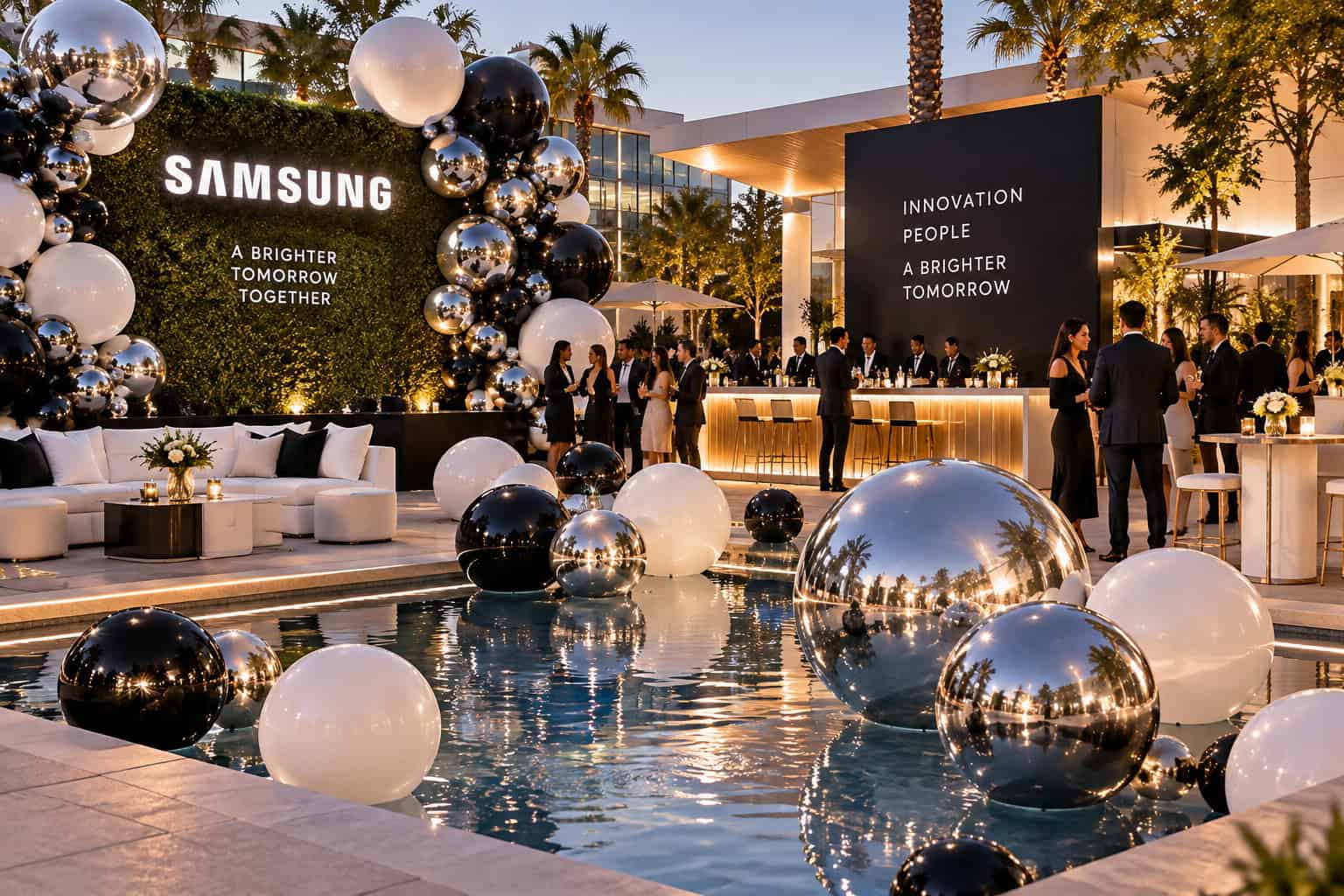 Outdoor Samsung event with black, white, and silver balloons from Big Shiny Balls Los Angeles arranged artfully around a pool; guests are mingling and a sign reads “INNOVATION PEOPLE A BRIGHTER TOMORROW.”.