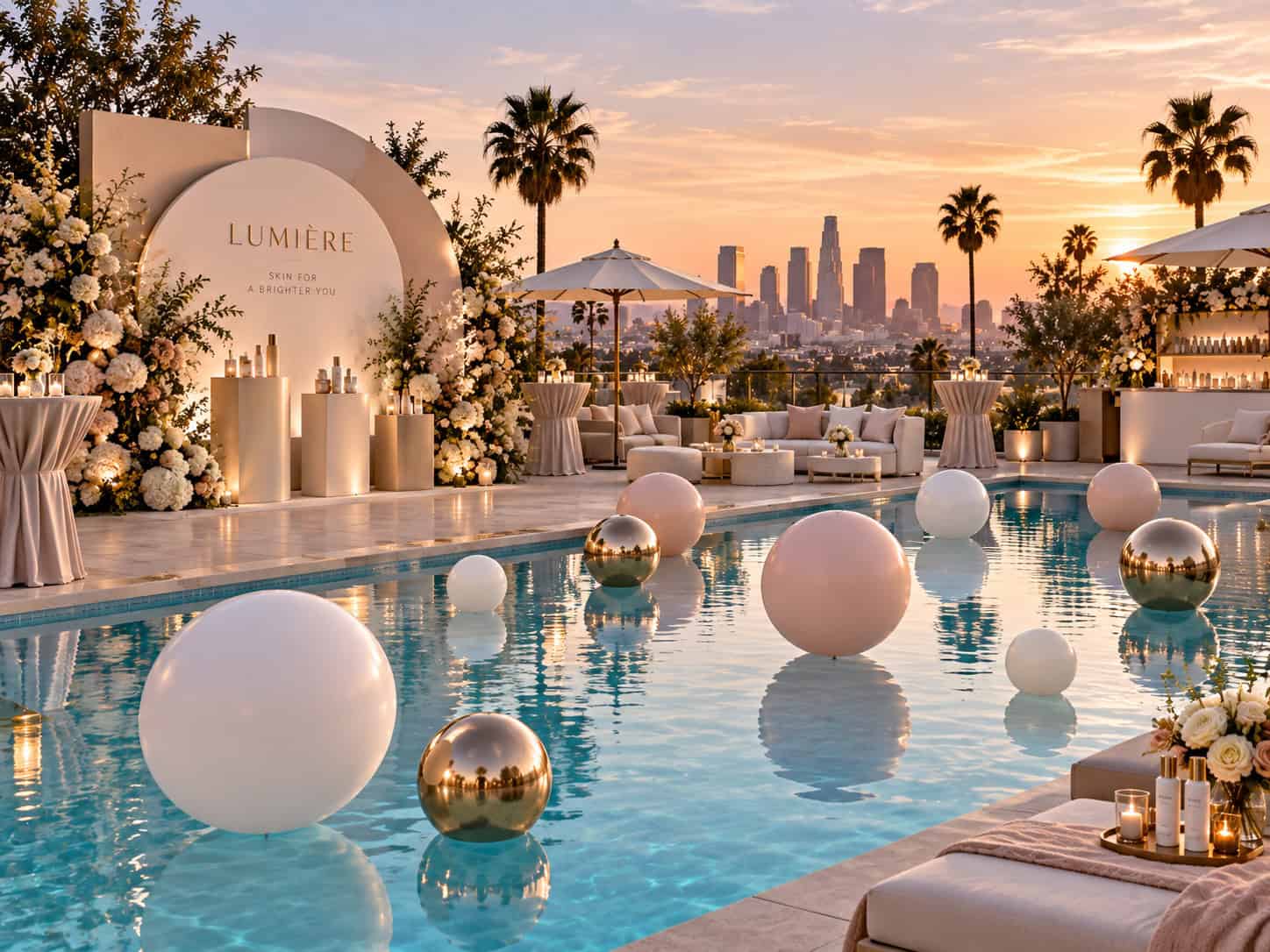 A rooftop pool adorned with elegant pool balloons in white and gold, floral arrangements, and stylish lounge seating at sunset, with a breathtaking city skyline in the background.