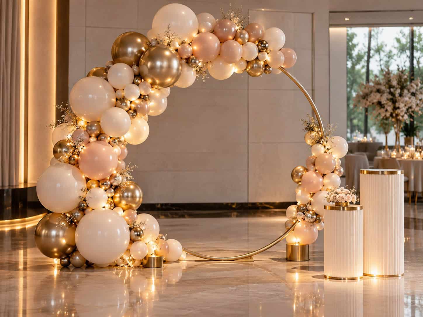 A circular gold arch is decorated with clusters of white, gold, and blush balloons. Two elegant Balloon Circle Stands in white and gold, topped with small floral arrangements, are placed beside it in a modern event space.