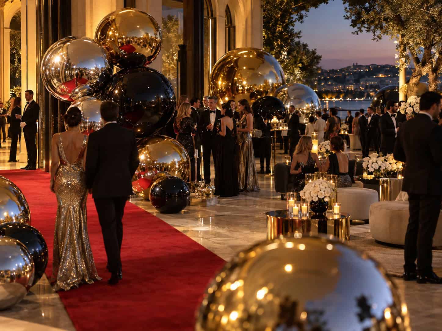 People in formal attire gather at an elegant indoor event in Los Angeles, with a red carpet, large metallic balloons reminiscent of big shiny balls, lush floral arrangements, and the evening cityscape visible through expansive windows.