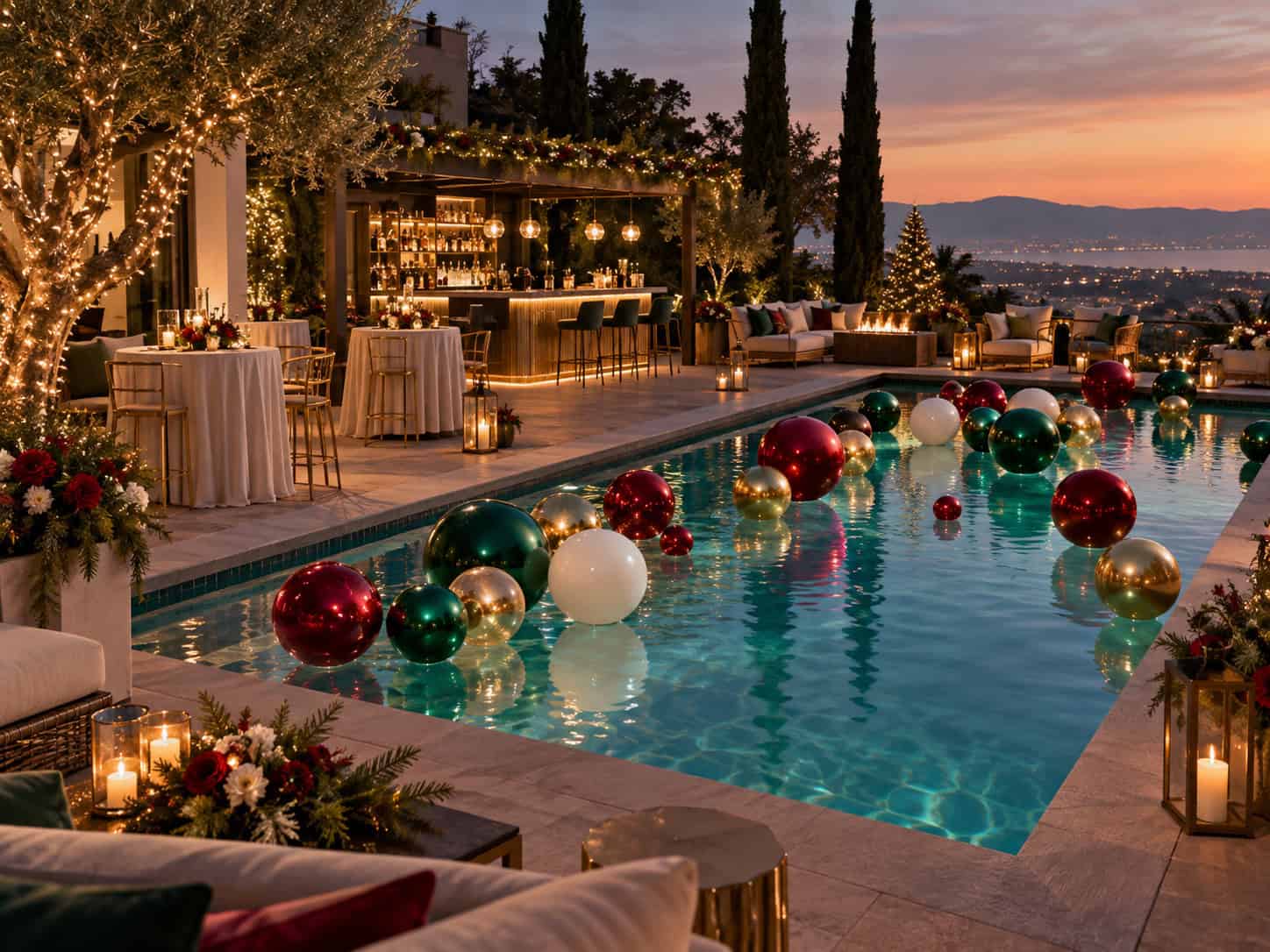 An outdoor pool decorated with vibrant Pool Balloons in red, green, gold, and white is surrounded by festive lights, tables, and a bar area at sunset, with city lights twinkling in the distance.