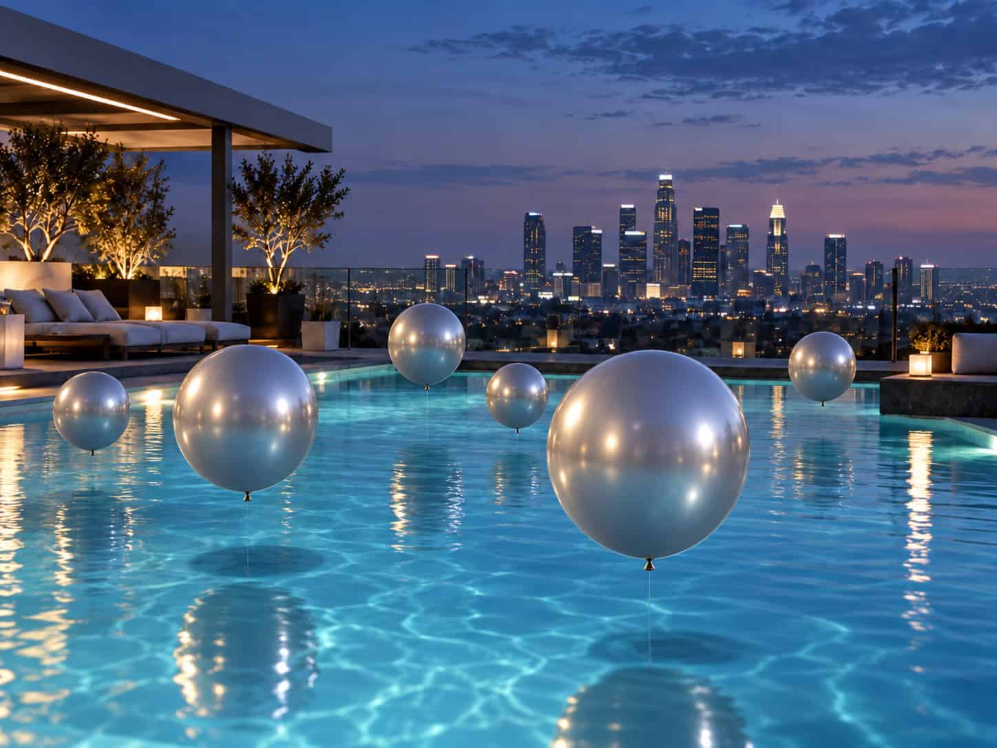 Pool with large Pool Balloons floating on the water at dusk, with a city skyline and skyscrapers visible in the background.