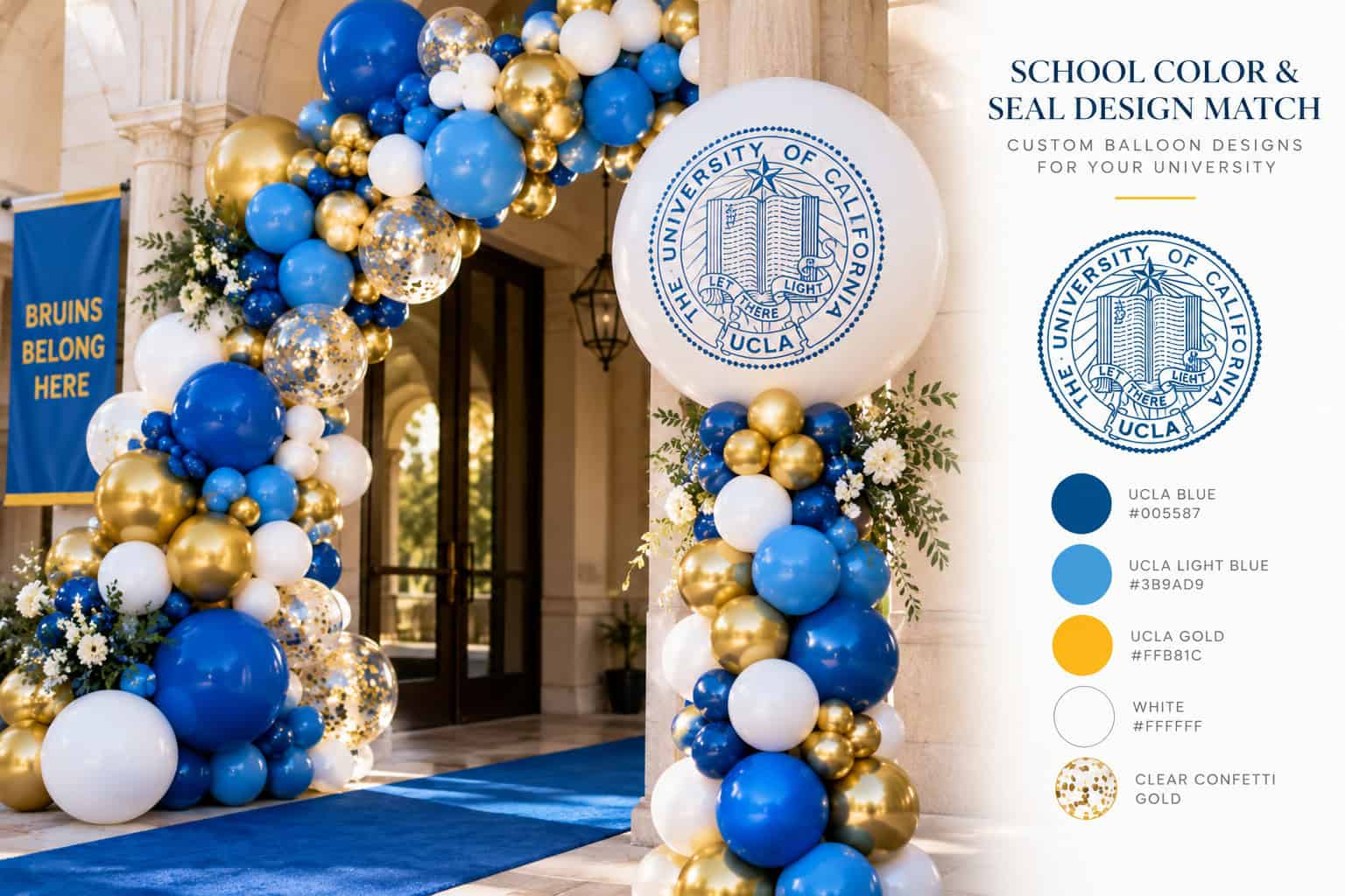 Balloon arch in UCLA colors with the university seal decorates a building entrance for a commencement ceremony; a color palette and seal design are shown on the right.