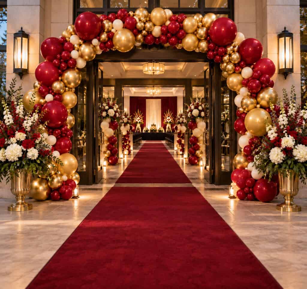 A decorated entrance with a red carpet, gold and red balloon arch, floral arrangements, and warm lighting sets the stage for an elegant commencement ceremony, welcoming guests into a sophisticated event space.