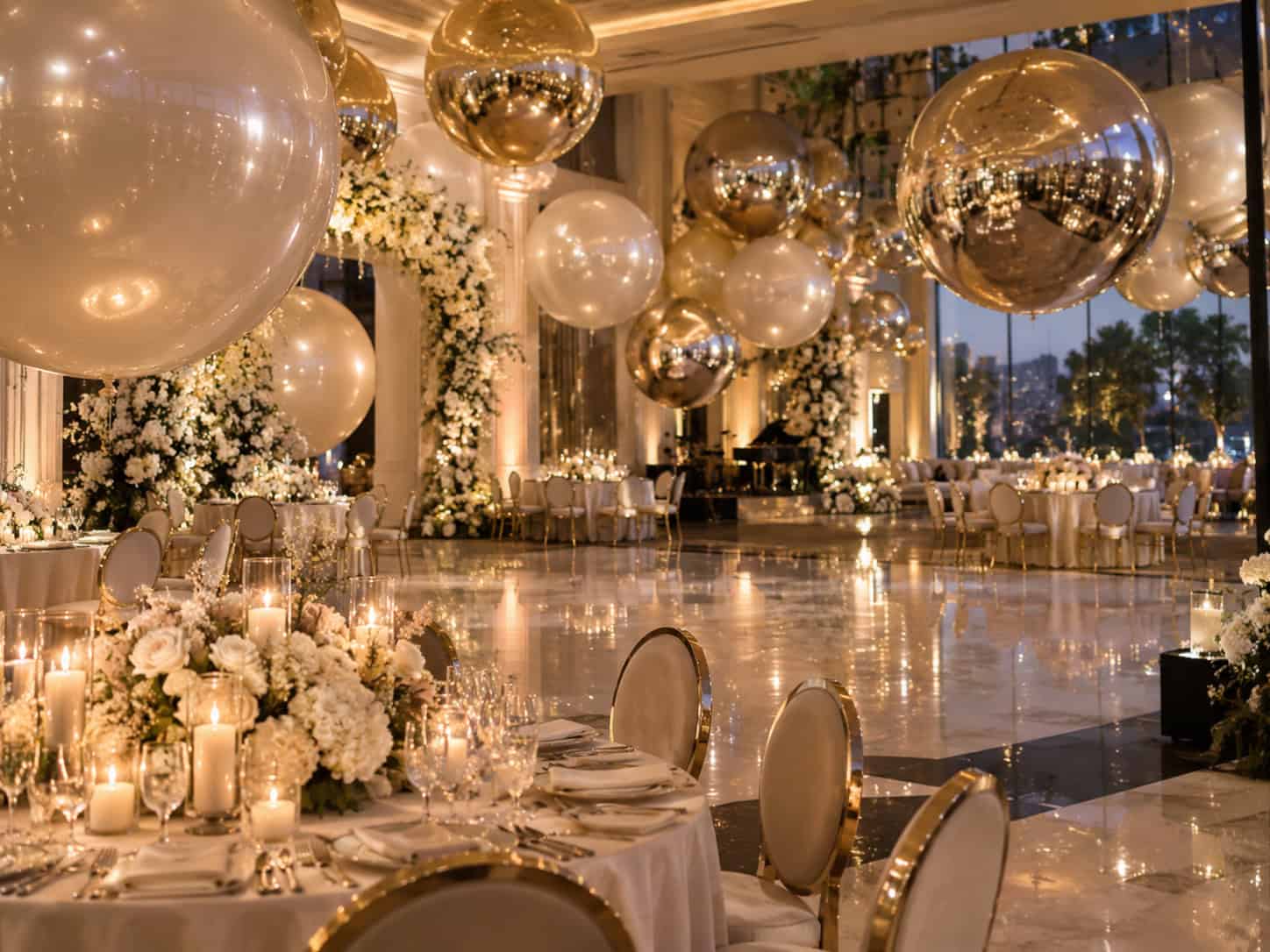Elegant ballroom set for an event in Los Angeles, with round tables, white flowers, candles, and large gold and white balloons—Big Shiny Balls—suspended from the ceiling.