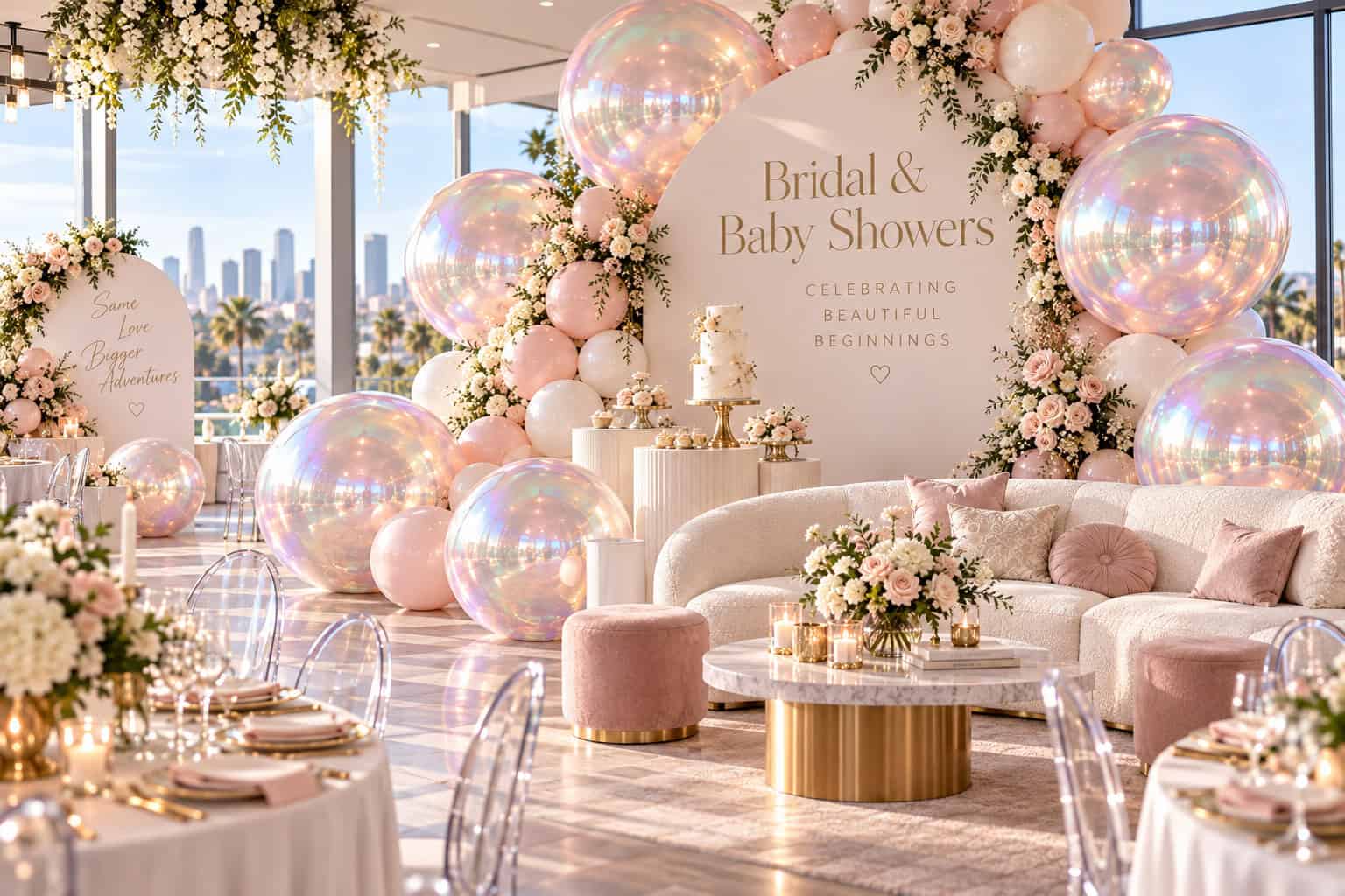 Elegant event space in Big Shiny Balls Los Angeles, decorated with pastel balloons, floral arrangements, and signage reading “Bridal & Baby Showers,” with gold and blush furniture and the city skyline visible through large windows.