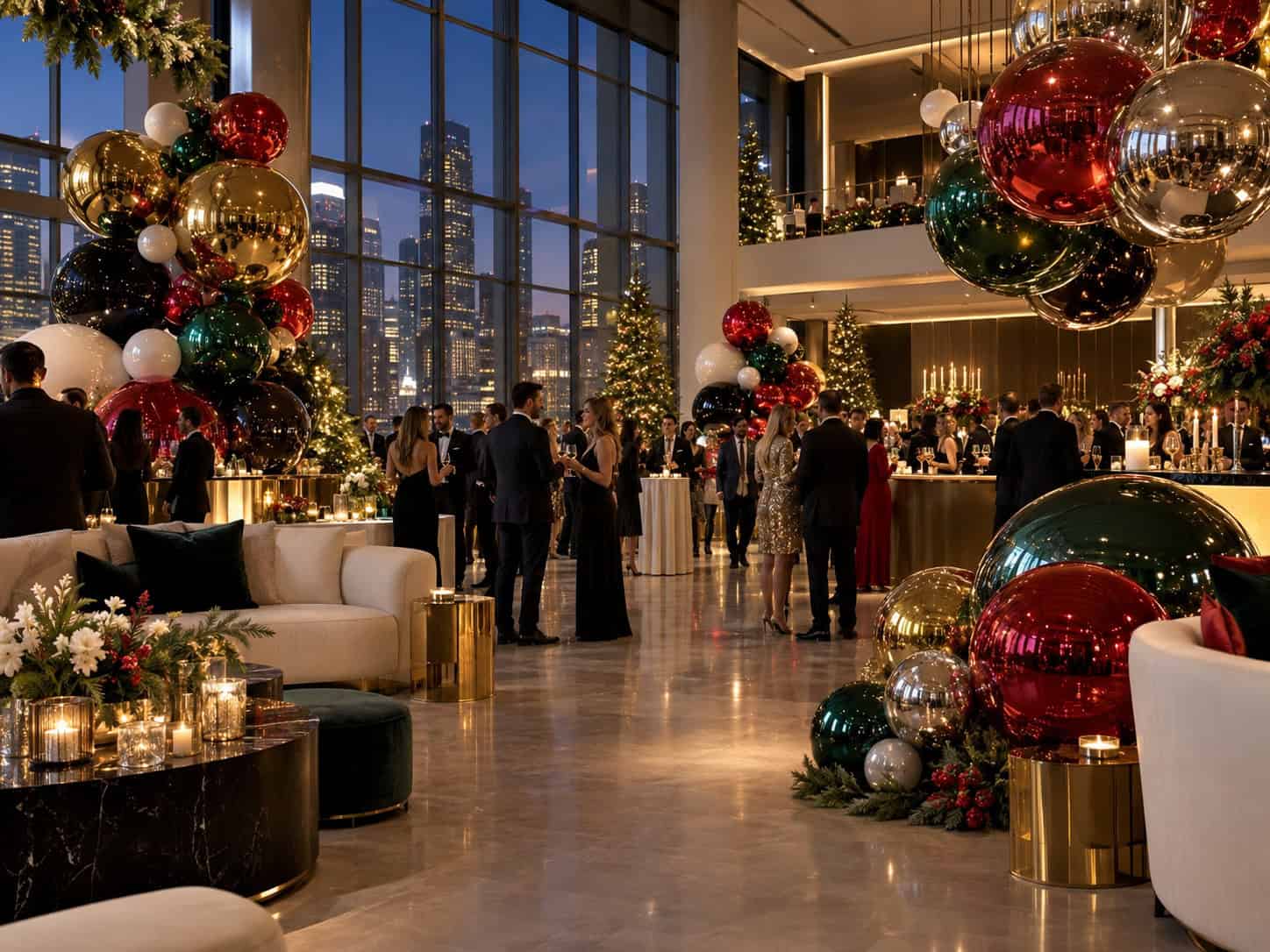 People in formal attire mingle at a holiday party in an elegant, modern venue decorated with large ornaments, candles, and flowers—Big Shiny Balls Los Angeles style—with the city skyline visible through tall windows.