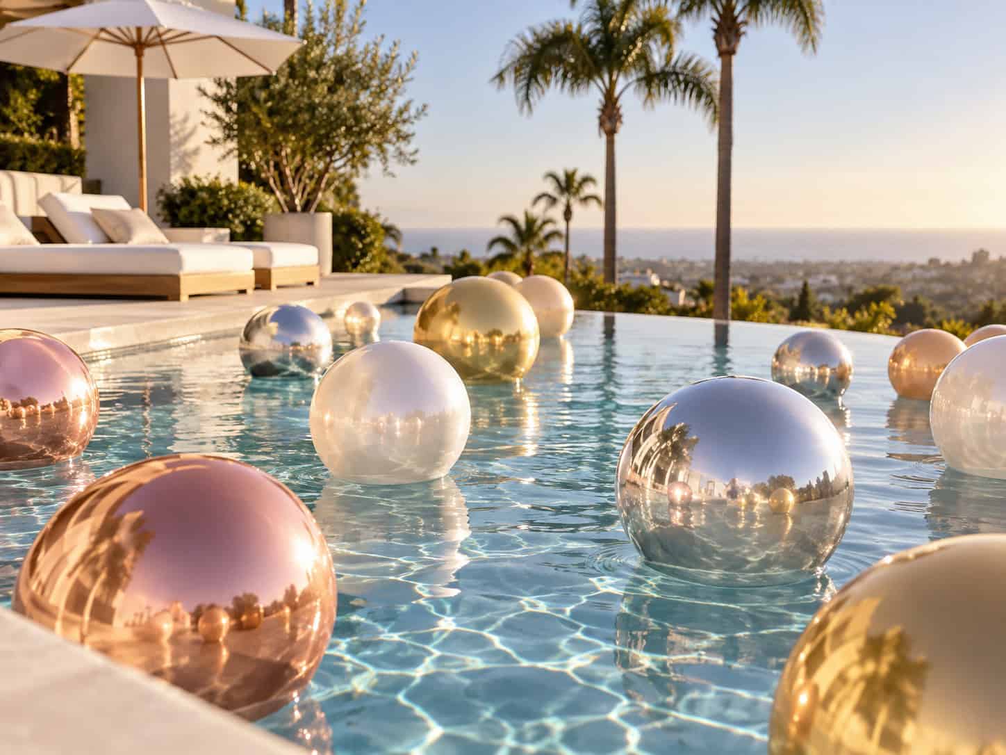 Shiny metallic pool balloons float in a modern outdoor pool surrounded by palm trees, lounge chairs, and an umbrella, with a city view in the background.