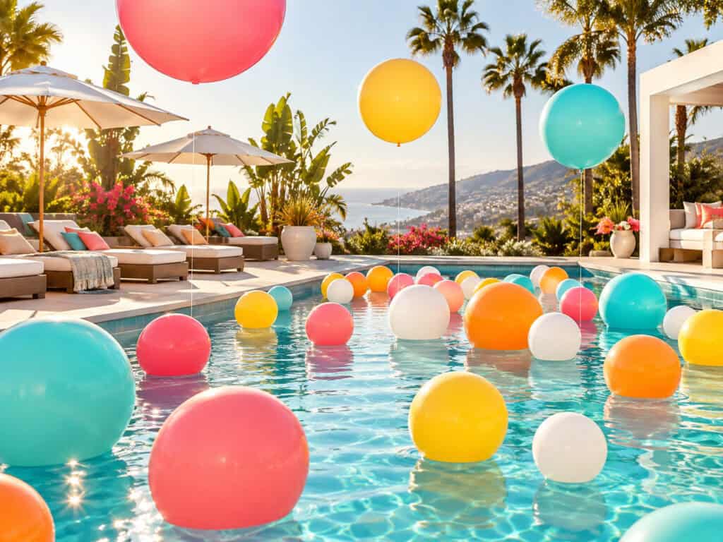 A pool surrounded by lounge chairs and palm trees is filled with colorful pool balloons and inflatable beach balls under a sunny sky.