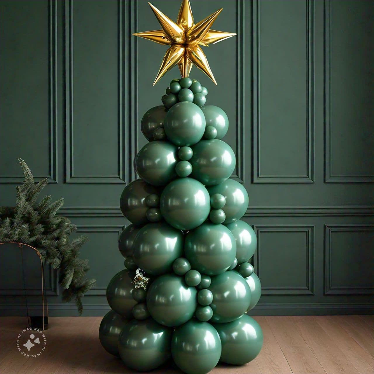 A christmas tree made out of green balloons with a gold star on top.