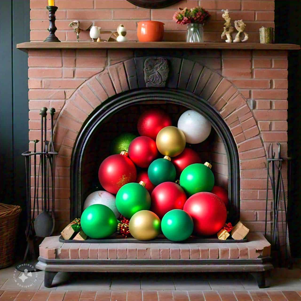A brick fireplace filled with red green and gold christmas ornaments