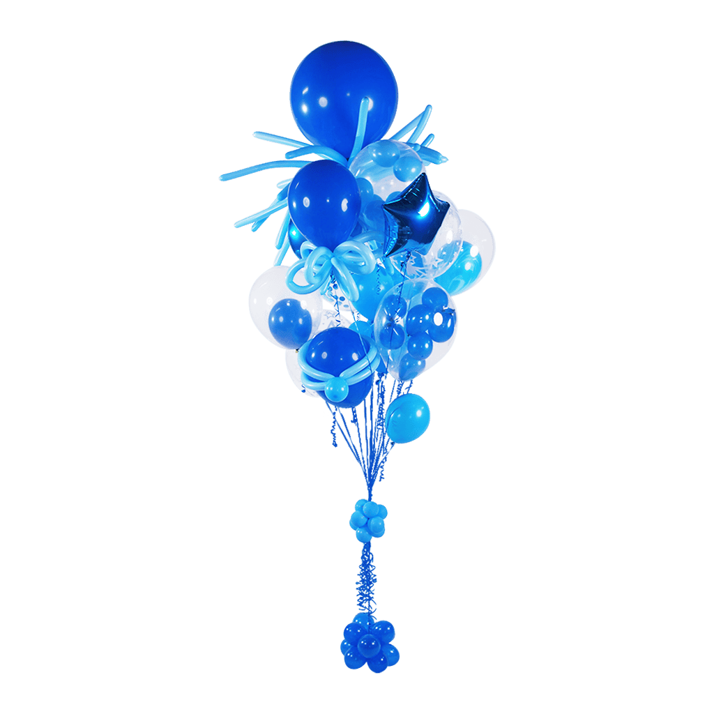 A bunch of blue balloons on a white background